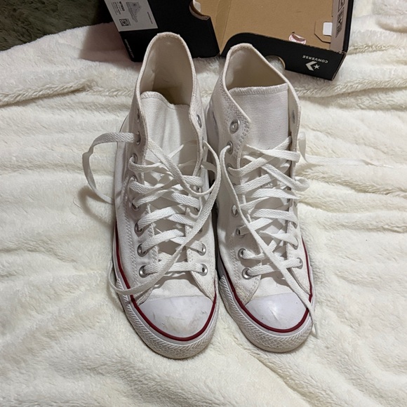 Converse Shoes - White High-Top Convers with Red Accent